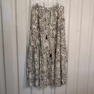 Marine Layer Tiered Long Skirt Bird Floral Embroidery Off-White Black Size Large